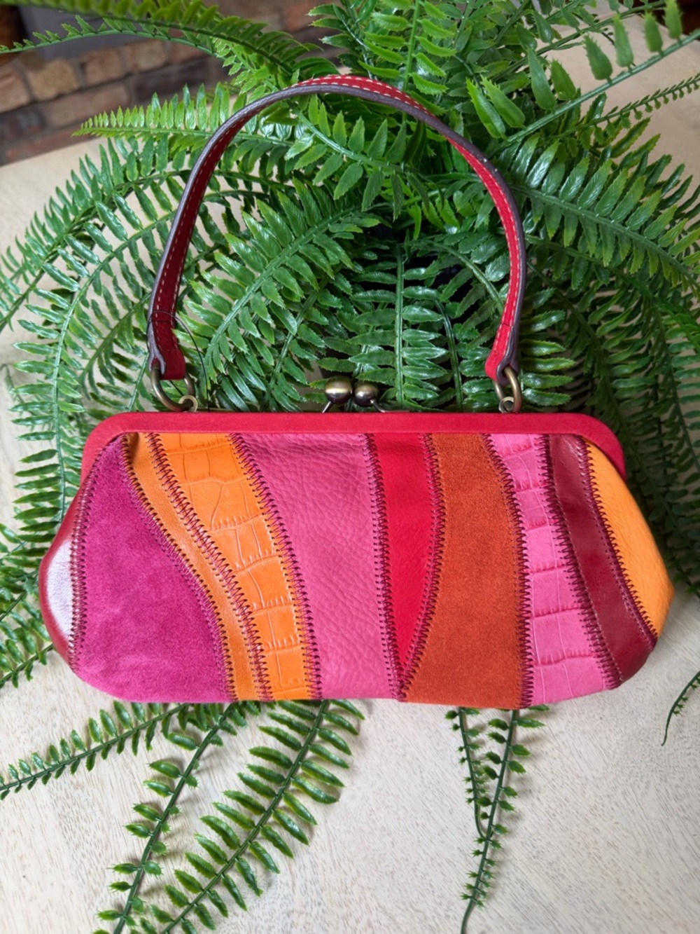 FOSSIL Leather Red Pink Orange patchwork Clutch Wristlet Bag Never Used Y2K